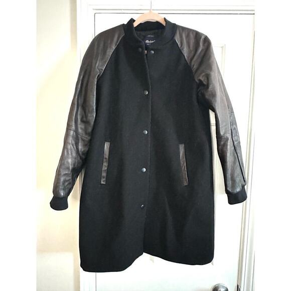 MADEWELL Leather Sleeve Wool Varsity Bomber Mid-length Jacket Coat Women’s Sz 10 - Picture 3 of 6